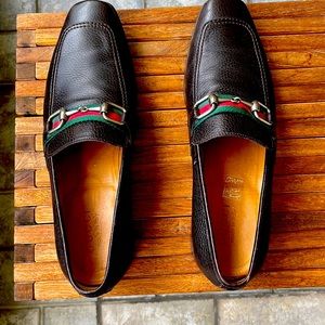 GUCCI, Italian Leather Loafer, Brown, Horse Bit, Signature Red & Green Ribbon